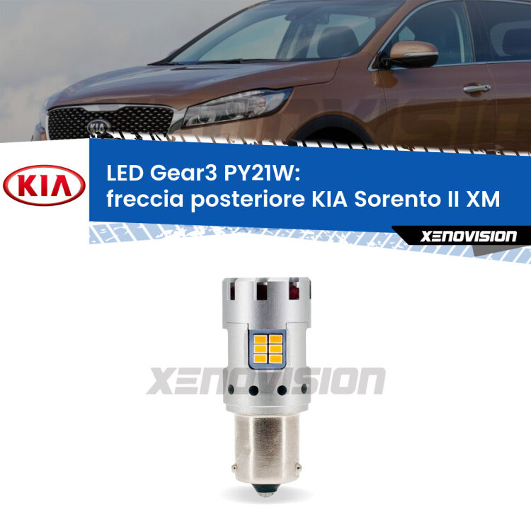 <strong>Freccia posteriore LED no-spie per KIA Sorento II</strong> XM 2009 - 2014. Lampada <strong>PY21W</strong> modello Gear3 no Hyperflash, raffreddata a ventola.