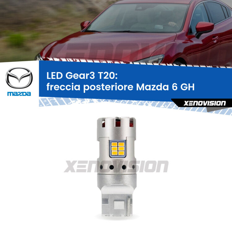 <strong>Freccia posteriore LED no-spie per Mazda 6</strong> GH 2007 - 2013. Lampada <strong>T20</strong> modello Gear3 no Hyperflash, raffreddata a ventola.
