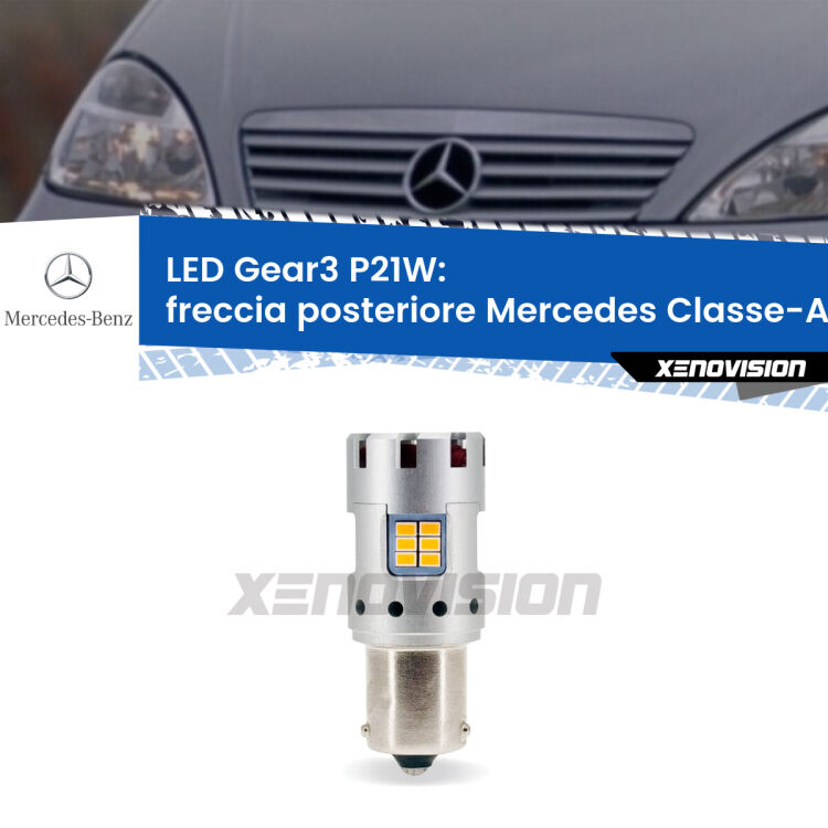 0 Freccia posteriore LED Mercedes Classe-A W168 faro giallo: P21W Gear3 <strong>Freccia posteriore LED no-spie per Mercedes Classe-A</strong> W168 faro giallo. Lampada <strong>P21W</strong> modello Gear3 no Hyperflash, raffreddata a ventola.