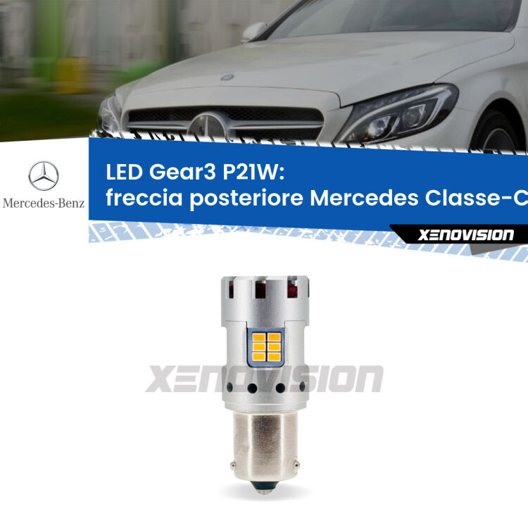 <strong>Freccia posteriore LED no-spie per Mercedes Classe-C</strong> W205 2013 - 2018. Lampada <strong>P21W</strong> modello Gear3 no Hyperflash, raffreddata a ventola.