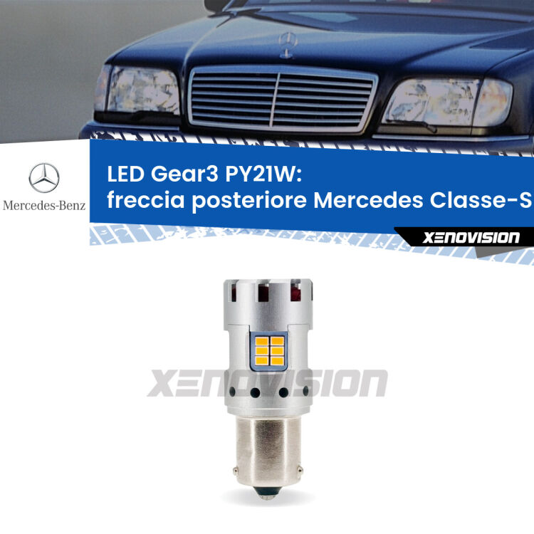 0 Freccia posteriore LED Mercedes Classe-S W140 faro bianco: PY21W Gear3 <strong>Freccia posteriore LED no-spie per Mercedes Classe-S</strong> W140 faro bianco. Lampada <strong>PY21W</strong> modello Gear3 no Hyperflash, raffreddata a ventola.