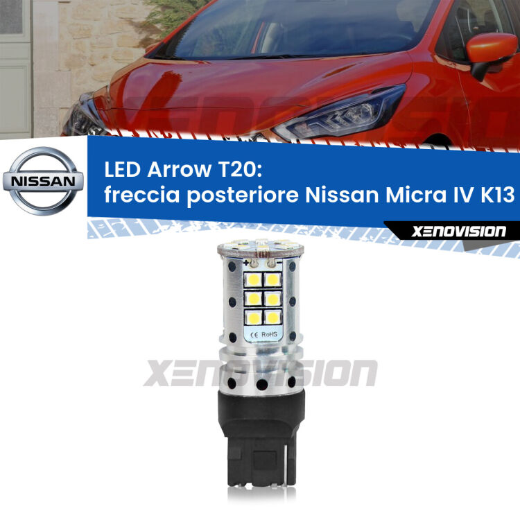 <strong>Freccia posteriore LED no-spie per Nissan Micra IV</strong> K13 2013 - 2015. Lampada <strong>T20</strong> no Hyperflash modello Arrow.