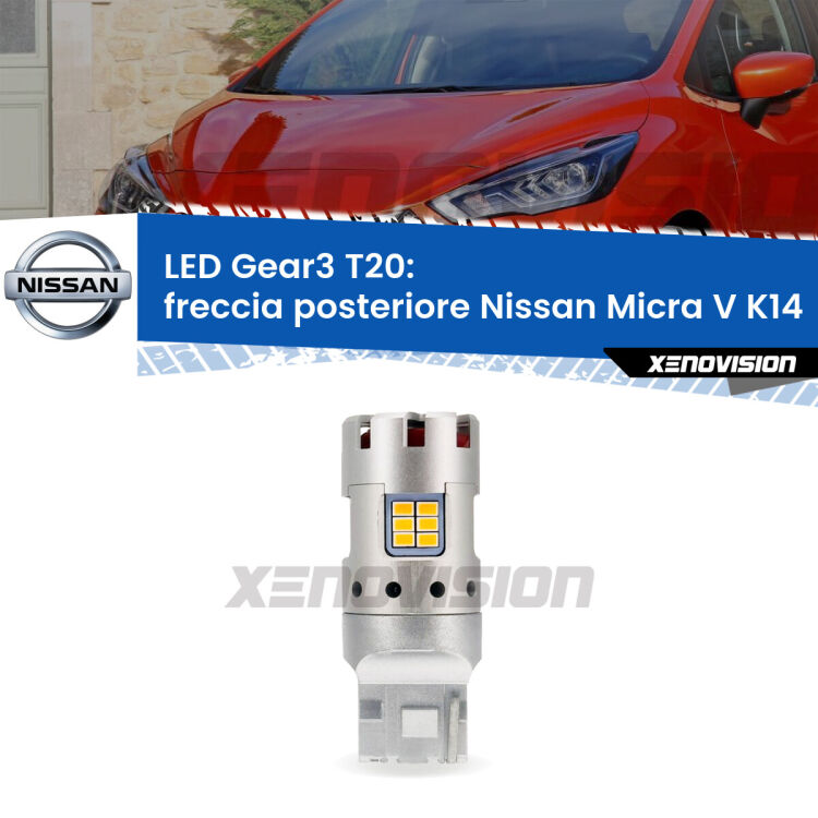 0 Freccia posteriore LED Nissan Micra V K14 2016 in poi: T20 Gear3 <strong>Freccia posteriore LED no-spie per Nissan Micra V</strong> K14 2016 in poi. Lampada <strong>T20</strong> modello Gear3 no Hyperflash, raffreddata a ventola.