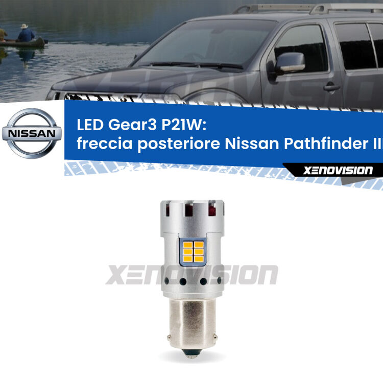 0 Freccia posteriore LED Nissan Pathfinder III R51 2005 - 2011: P21W Gear3 <strong>Freccia posteriore LED no-spie per Nissan Pathfinder III</strong> R51 2005 - 2011. Lampada <strong>P21W</strong> modello Gear3 no Hyperflash, raffreddata a ventola.
