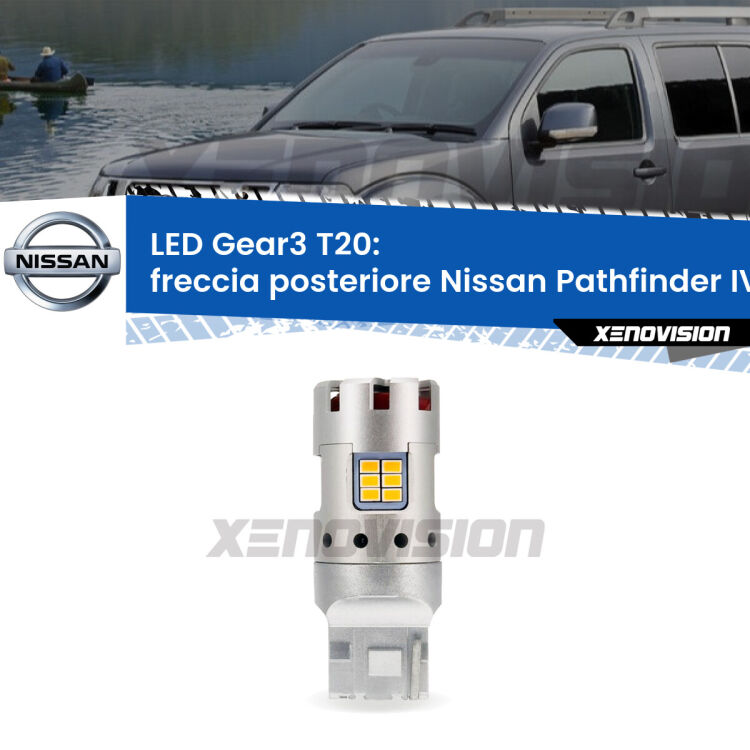 <strong>Freccia posteriore LED no-spie per Nissan Pathfinder IV</strong> R52 2012 in poi. Lampada <strong>T20</strong> modello Gear3 no Hyperflash, raffreddata a ventola.