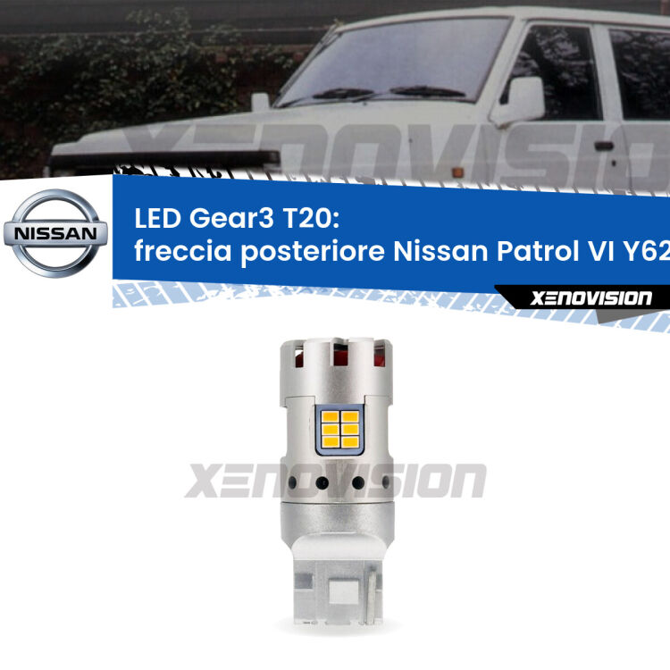 <strong>Freccia posteriore LED no-spie per Nissan Patrol VI</strong> Y62 2010 in poi. Lampada <strong>T20</strong> modello Gear3 no Hyperflash, raffreddata a ventola.