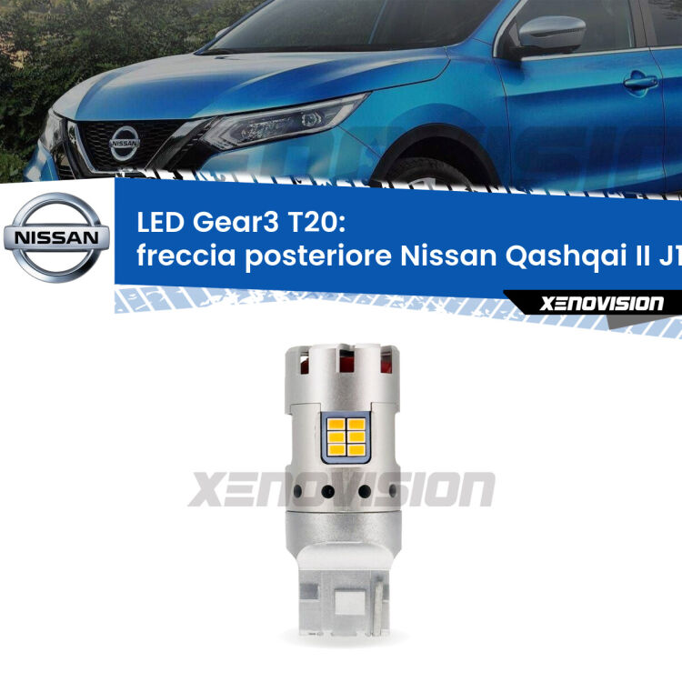 <strong>Freccia posteriore LED no-spie per Nissan Qashqai II</strong> J11 2014 in poi. Lampada <strong>T20</strong> modello Gear3 no Hyperflash, raffreddata a ventola.