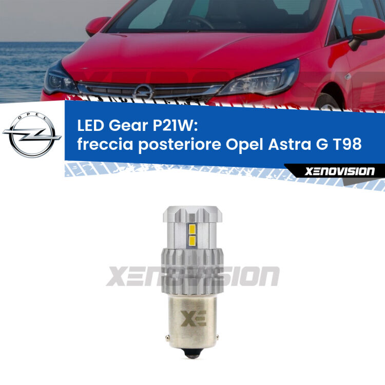 <strong>LED P21W per </strong><strong>Freccia posteriore Opel Astra G (T98) 2001 - 2005</strong><strong>. </strong>Richiede resistenze per eliminare lampeggio rapido, 3x più luce, compatta. Top Quality.

<strong>Freccia posteriore LED per Opel Astra G</strong> T98 2001 - 2005. Lampada <strong>P21W</strong>. Usa delle resistenze per eliminare lampeggio rapido.