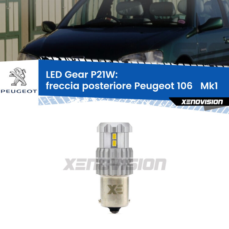 <strong>LED P21W per </strong><strong>Freccia posteriore Peugeot 106   (Mk1) 1991 - 1996</strong><strong>. </strong>Richiede resistenze per eliminare lampeggio rapido, 3x più luce, compatta. Top Quality.

<strong>Freccia posteriore LED per Peugeot 106  </strong> Mk1 1991 - 1996. Lampada <strong>P21W</strong>. Usa delle resistenze per eliminare lampeggio rapido.