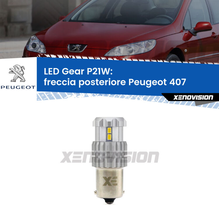 <strong>LED P21W per </strong><strong>Freccia posteriore Peugeot 407  2004 - 2011</strong><strong>. </strong>Richiede resistenze per eliminare lampeggio rapido, 3x più luce, compatta. Top Quality.

<strong>Freccia posteriore LED per Peugeot 407</strong>  2004 - 2011. Lampada <strong>P21W</strong>. Usa delle resistenze per eliminare lampeggio rapido.