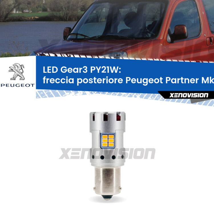 0 Freccia posteriore LED Peugeot Partner Mk2 2008 - 2016: PY21W Gear3 <strong>Freccia posteriore LED no-spie per Peugeot Partner</strong> Mk2 2008 - 2016. Lampada <strong>PY21W</strong> modello Gear3 no Hyperflash, raffreddata a ventola.
