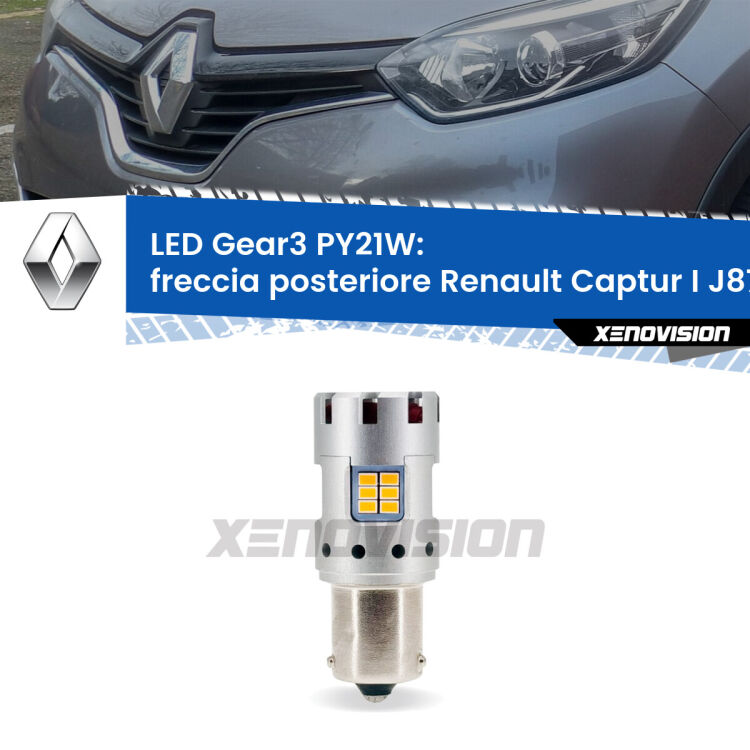 <strong>Freccia posteriore LED no-spie per Renault Captur I</strong> J87 2013 - 2015. Lampada <strong>PY21W</strong> modello Gear3 no Hyperflash, raffreddata a ventola.