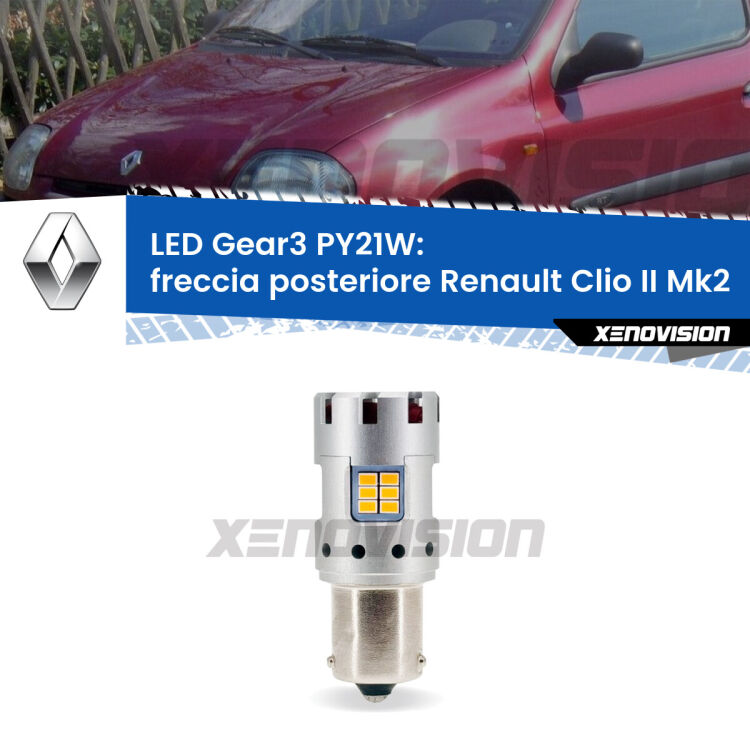 <strong>Freccia posteriore LED no-spie per Renault Clio II</strong> Mk2 faro bianco. Lampada <strong>PY21W</strong> modello Gear3 no Hyperflash, raffreddata a ventola.