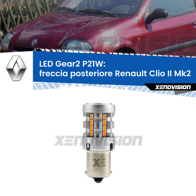 Freccia posteriore LED Renault Clio II Mk2 faro giallo: P21W Gear2 FINE SERIE: NO GARANZIA FINE SERIE: NO GARANZIA <strong>Freccia posteriore LED no-spie per Renault Clio II</strong> Mk2 faro giallo. Lampada <strong>P21W</strong> modello Gear2 no Hyperflash.