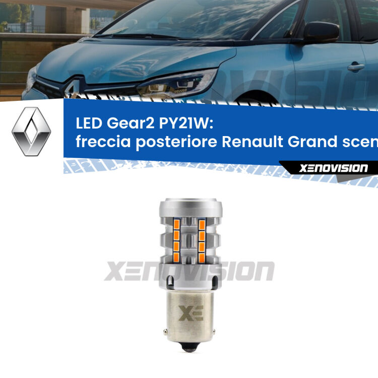 <strong>Freccia posteriore LED no-spie per Renault Grand scenic II</strong> Mk2 2004 - 2009. Lampada <strong>PY21W</strong> modello Gear2 no Hyperflash.
