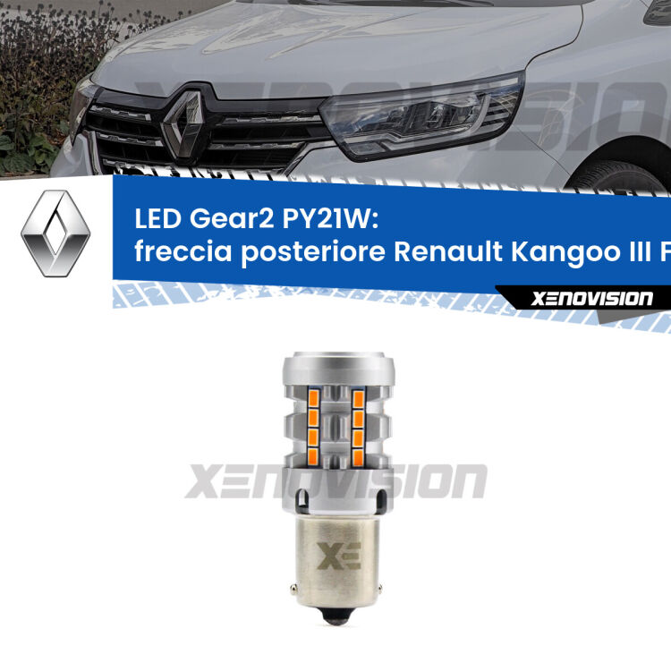 <strong>Freccia posteriore LED no-spie per Renault Kangoo III</strong> FFK/KFK 2021 in poi. Lampada <strong>PY21W</strong> modello Gear2 no Hyperflash.