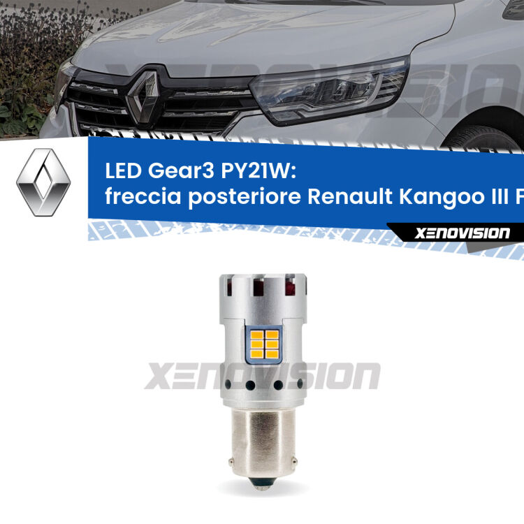 <strong>Freccia posteriore LED no-spie per Renault Kangoo III</strong> FFK/KFK 2021 in poi. Lampada <strong>PY21W</strong> modello Gear3 no Hyperflash, raffreddata a ventola.