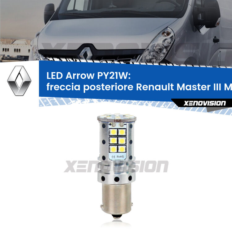 0 Freccia posteriore LED Renault Master III Mk3 2010 in poi: PY21W Arrow <strong>Freccia posteriore LED no-spie per Renault Master III</strong> Mk3 2010 in poi. Lampada <strong>PY21W</strong> modello top di gamma Arrow.