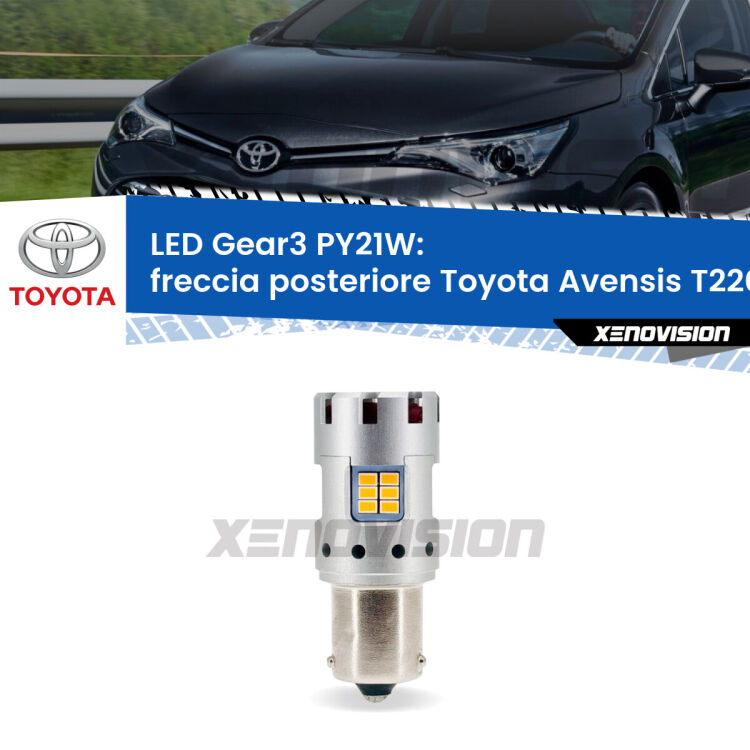 0 Freccia posteriore LED Toyota Avensis T220 1997 - 2000: PY21W Gear3 <strong>Freccia posteriore LED no-spie per Toyota Avensis</strong> T220 1997 - 2000. Lampada <strong>PY21W</strong> modello Gear3 no Hyperflash, raffreddata a ventola.