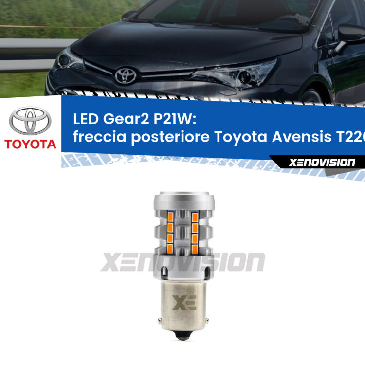 Freccia posteriore LED Toyota Avensis T220 2000 - 2003: P21W Gear2 FINE SERIE: NO GARANZIA FINE SERIE: NO GARANZIA <strong>Freccia posteriore LED no-spie per Toyota Avensis</strong> T220 2000 - 2003. Lampada <strong>P21W</strong> modello Gear2 no Hyperflash.