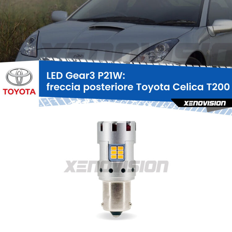 0 Freccia posteriore LED Toyota Celica T200 1993 - 1999: P21W Gear3 <strong>Freccia posteriore LED no-spie per Toyota Celica</strong> T200 1993 - 1999. Lampada <strong>P21W</strong> modello Gear3 no Hyperflash, raffreddata a ventola.