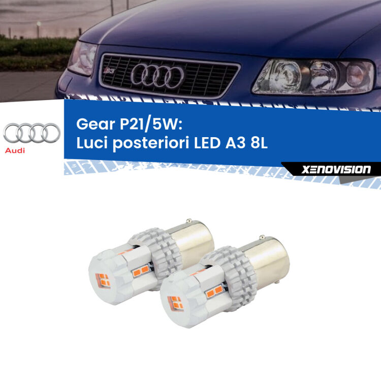 0 GEAR P21/5W: luci posteriori LED Audi A3 (8L) 1996-2003 Lampade LED per <strong>luci posteriori</strong> <strong>Audi</strong> <strong>A3 </strong>(8L) 1996 - 2003. Stacco brillante tra bassa e alta intensità, ben visibili anche di giorno, Canbus. Alta Qualità.