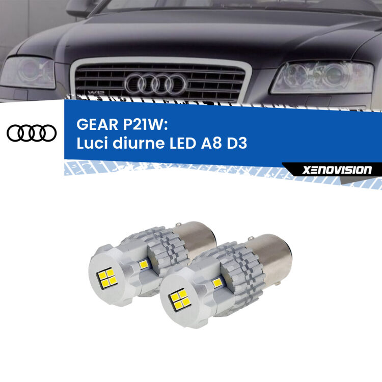 0 GEAR P21W: luci diurne LED Audi A8 (D3) 2002 - 2009 <strong>LED </strong><strong>Luci diurne Audi A8 (D3) 2002 - 2009</strong> . Due lampade LED P21W effetto Stealth, ottima resa in ogni direzione, Qualità Massima.