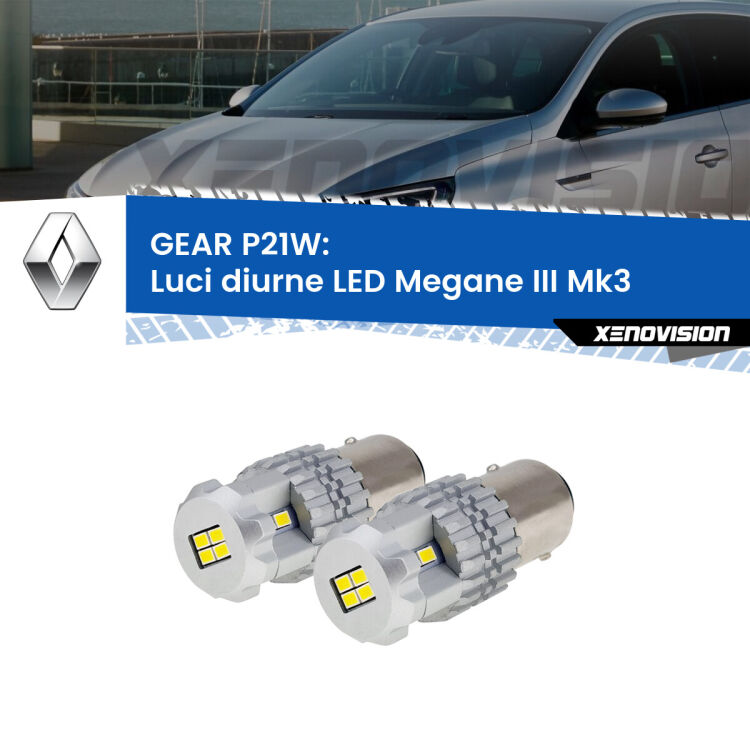 <strong>LED </strong><strong>Luci diurne Renault Megane III (Mk3) 2008 - 2013</strong> . Due lampade LED P21W effetto Stealth, ottima resa in ogni direzione, Qualità Massima.
