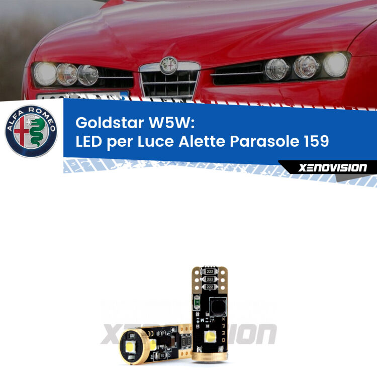 0 Goldstar W5W: LED per Luce Alette Parasole 159 (939) 2005 -2012 <p><strong>Luce Alette Parasole LED Alfa romeo 159</strong>: ottima luminosità a 360 gradi. Si inseriscono ovunque. Canbus, Top Quality. </p>