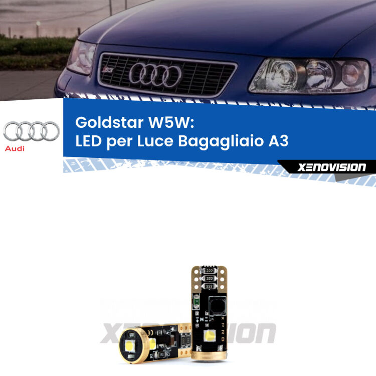 0 Goldstar W5W: LED per Luce Bagagliaio A3 (8L) 1996 -2003 <p><strong>Luce Bagagliaio LED Audi A3</strong>: ottima luminosità a 360 gradi. Si inseriscono ovunque. Canbus, Top Quality. </p>