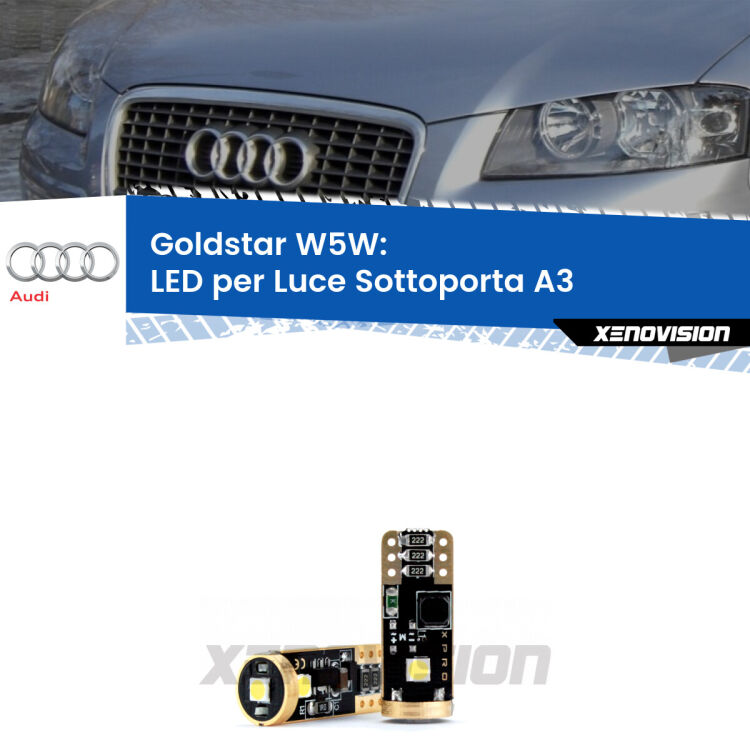 0 Goldstar W5W: LED per Luce Sottoporta A3 (8P) 2003 -2012 <p><strong>Luce Sottoporta LED Audi A3</strong>: ottima luminosità a 360 gradi. Si inseriscono ovunque. Canbus, Top Quality. </p>