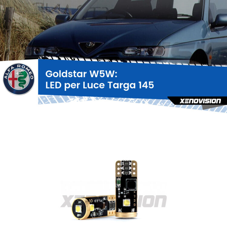 0 Goldstar W5W: LED per Luce Targa 145 (930) 1994 -2001 <p><strong>Luce Targa LED Alfa romeo 145</strong>: ottima luminosità a 360 gradi. Si inseriscono ovunque. Canbus, Top Quality. </p>