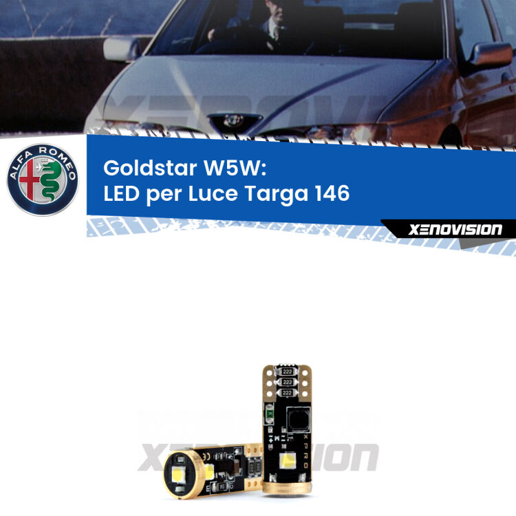 0 Goldstar W5W: LED per Luce Targa 146 (930) 1994 -2001 <p><strong>Luce Targa LED Alfa romeo 146</strong>: ottima luminosità a 360 gradi. Si inseriscono ovunque. Canbus, Top Quality. </p>