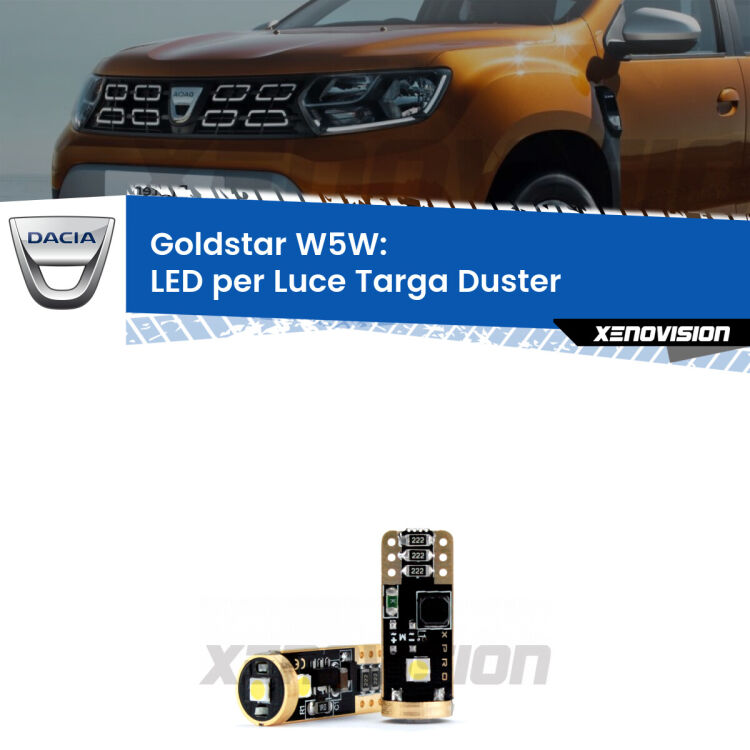 <p><strong>Luce Targa LED Dacia Duster</strong>: ottima luminosit&agrave; a 360 gradi. Si inseriscono ovunque. Canbus, Top Quality.&nbsp;</p>