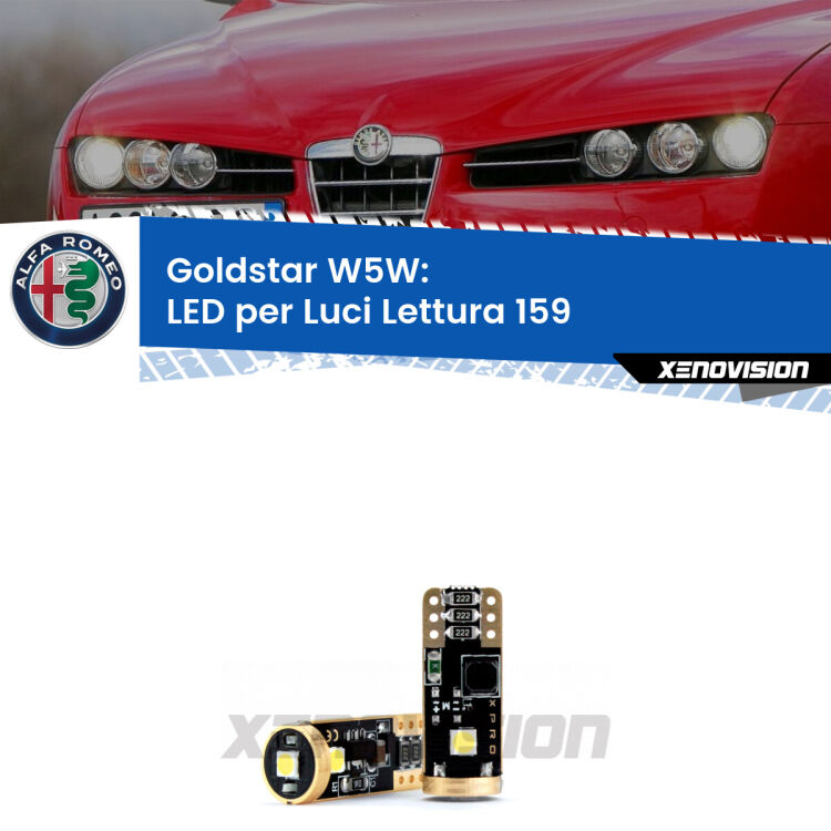 0 Goldstar W5W: LED per Luci Lettura 159 (939) 2005 -2012 <p><strong>Luci Lettura LED Alfa romeo 159</strong>: ottima luminosità a 360 gradi. Si inseriscono ovunque. Canbus, Top Quality. </p>