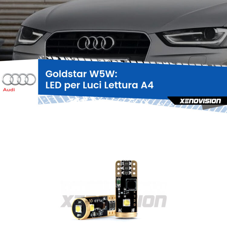 0 Goldstar W5W: LED per Luci Lettura A4 (B8) 2007 -2015 <p><strong>Luci Lettura LED Audi A4</strong>: ottima luminosità a 360 gradi. Si inseriscono ovunque. Canbus, Top Quality. </p>