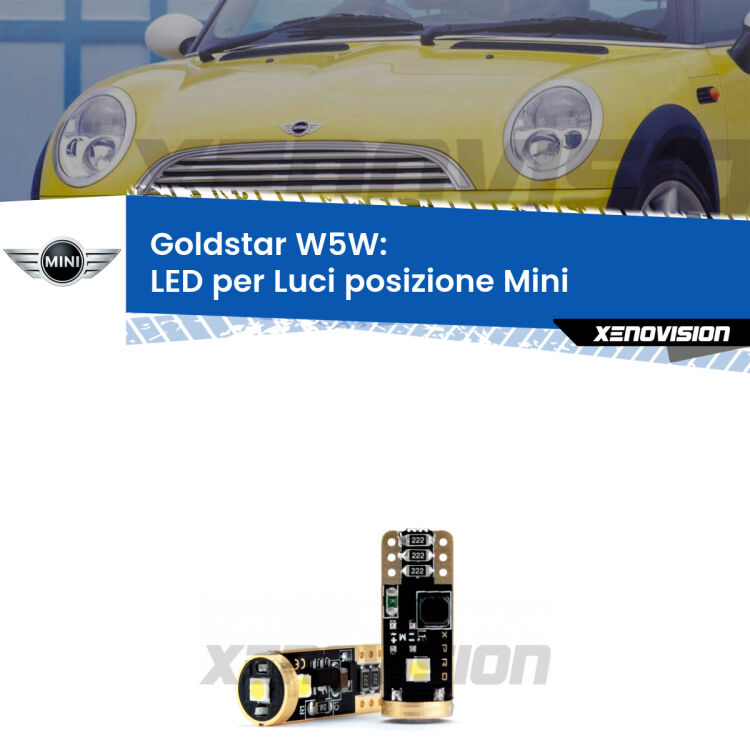 0 Goldstar W5W: LED per Luci posizione One (R50) 2001 -2006 <p><strong>Luci posizione LED Mini One</strong>: ottima luminosità a 360 gradi. Si inseriscono ovunque. Canbus, Top Quality. </p>