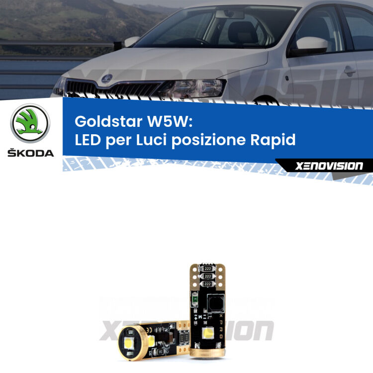 0 Luci posizione LED Skoda Rapid NH3 2012-2016: T10 GoldStar <strong>Luci posizione LED Skoda Rapid</strong> NH3 2012-2016: ottima luminosità a 360 gradi. Si inseriscono ovunque. Canbus, Top Quality.