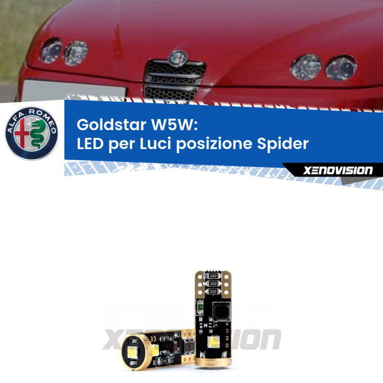 0 Goldstar W5W: LED per Luci posizione Spider (916) 1995 -2005 <p><strong>Luci posizione LED Alfa romeo Spider</strong>: ottima luminosità a 360 gradi. Si inseriscono ovunque. Canbus, Top Quality. </p>