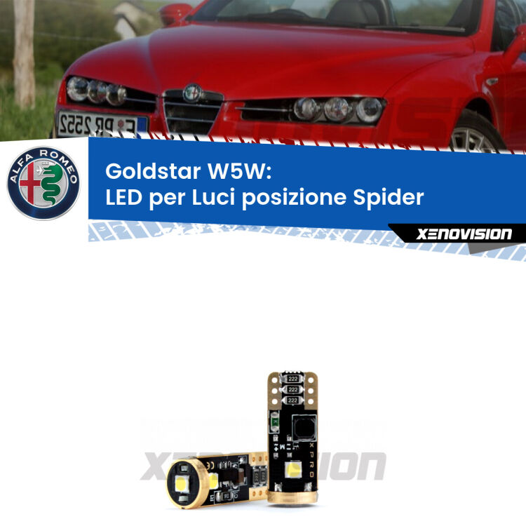 0 Goldstar W5W: LED per Luci posizione Spider (939) 2006 -2010 <p><strong>Luci posizione LED Alfa romeo Spider</strong>: ottima luminosità a 360 gradi. Si inseriscono ovunque. Canbus, Top Quality. </p>