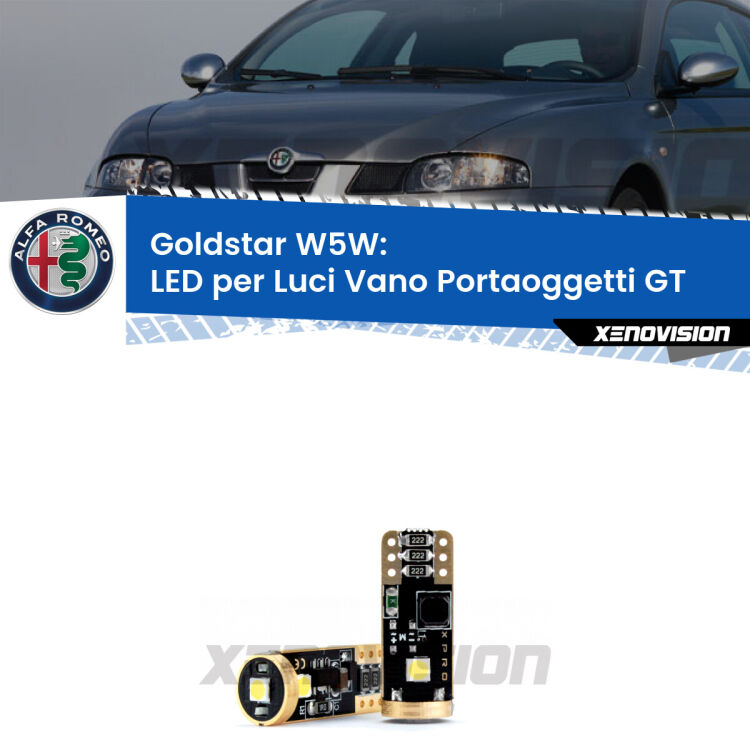 0 Goldstar W5W: LED per Luci Vano Portaoggetti GT (937) 2003 -2010 <p><strong>Luci Vano Portaoggetti LED Alfa romeo GT</strong>: ottima luminosità a 360 gradi. Si inseriscono ovunque. Canbus, Top Quality. </p>