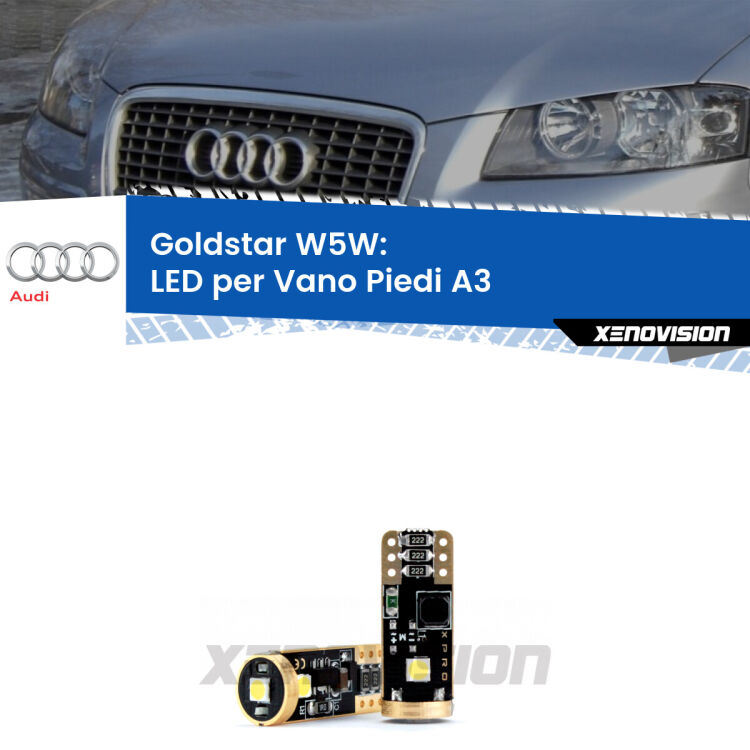 0 Goldstar W5W: LED per Vano Piedi A3 (8P) 2003 -2012 <p><strong>Vano Piedi LED Audi A3</strong>: ottima luminosità a 360 gradi. Si inseriscono ovunque. Canbus, Top Quality. </p>