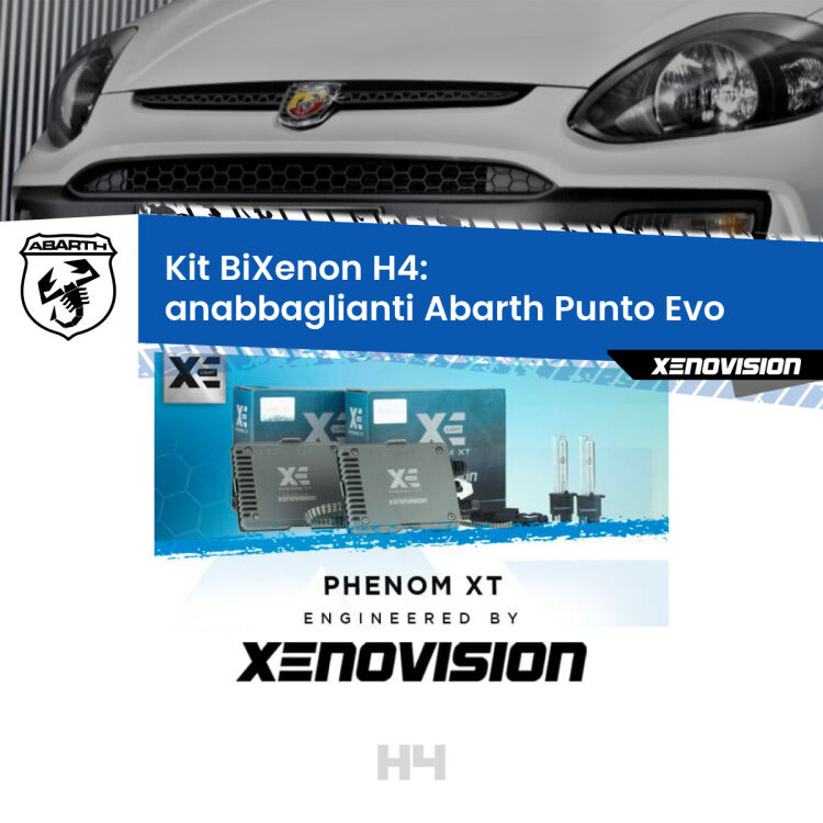 0 H4: Kit Bi Xenon Abarth Punto Evo (2010 - 2014) Specifico Zero-Spie Kit Bixenon professionale H4 per Abarth Punto Evo (2010 - 2014). Taglio di luce perfetto, zero spie e riverberi. Leggendaria elettronica Canbus Xenovision. Qualità Massima Garantita.