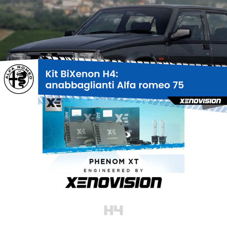 0 H4: Kit Bi Xenon Alfa romeo 75  (1985 - 1992) Specifico Zero-Spie Kit Bixenon professionale H4 per Alfa romeo 75  (1985 - 1992). Taglio di luce perfetto, zero spie e riverberi. Leggendaria elettronica Canbus Xenovision. Qualità Massima Garantita.