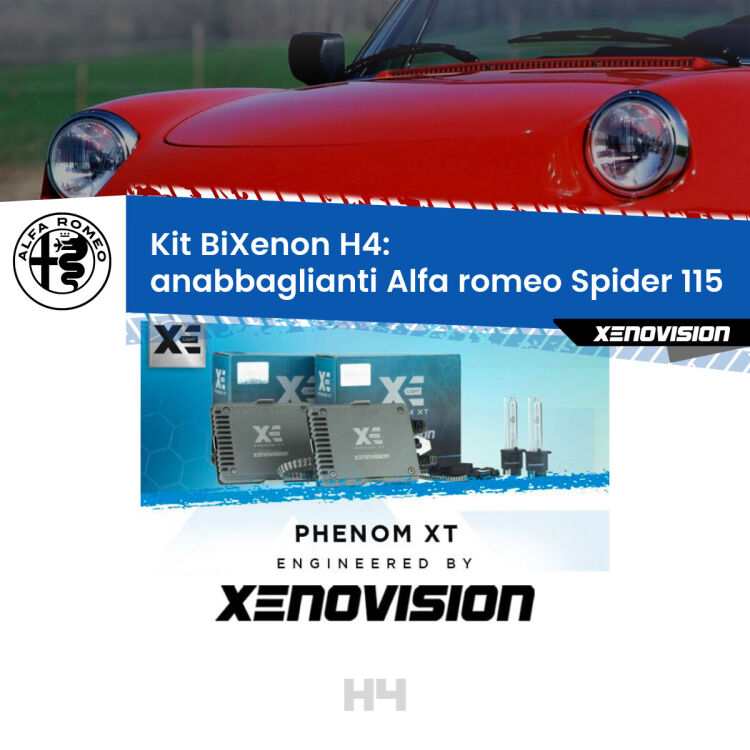 0 H4: Kit Bi Xenon Alfa romeo Spider 115 (1971 - 1993) Specifico Zero-Spie Kit Bixenon professionale H4 per Alfa romeo Spider 115 (1971 - 1993). Taglio di luce perfetto, zero spie e riverberi. Leggendaria elettronica Canbus Xenovision. Qualità Massima Garantita.