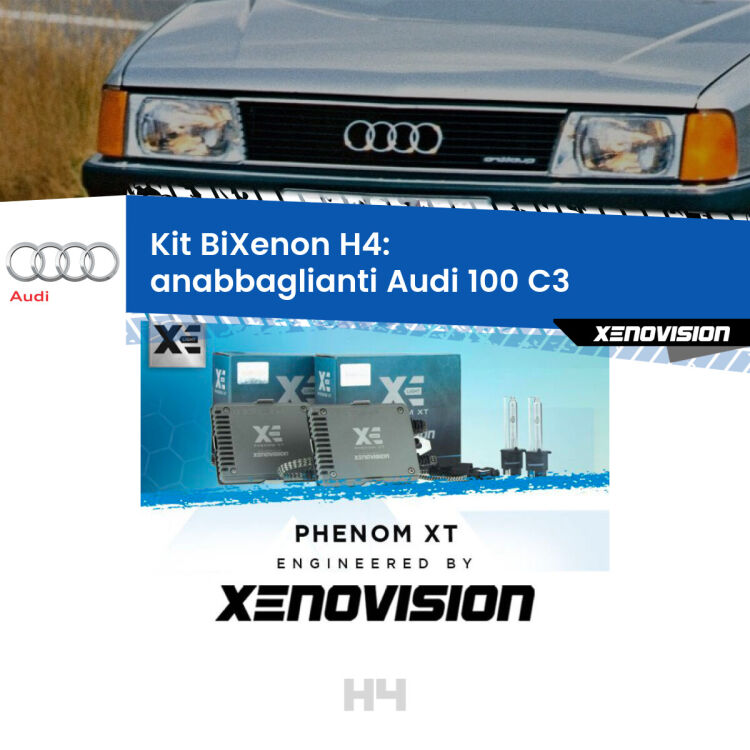 Kit Bixenon professionale H4 per Audi 100 C3 (1982 - 1990). Taglio di luce perfetto, zero spie e riverberi. Leggendaria elettronica Canbus Xenovision. Qualità Massima Garantita.