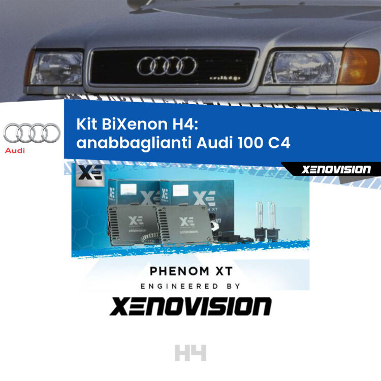 Kit Bixenon professionale H4 per Audi 100 C4 (a parabola singola). Taglio di luce perfetto, zero spie e riverberi. Leggendaria elettronica Canbus Xenovision. Qualità Massima Garantita.