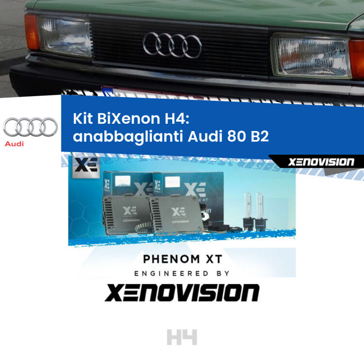 Kit Bixenon professionale H4 per Audi 80 B2 (1978 - 1986). Taglio di luce perfetto, zero spie e riverberi. Leggendaria elettronica Canbus Xenovision. Qualità Massima Garantita.
