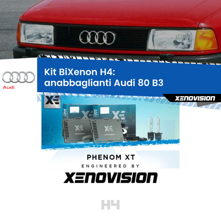 Kit Bixenon professionale H4 per Audi 80 B3 (1986 - 1991). Taglio di luce perfetto, zero spie e riverberi. Leggendaria elettronica Canbus Xenovision. Qualità Massima Garantita.