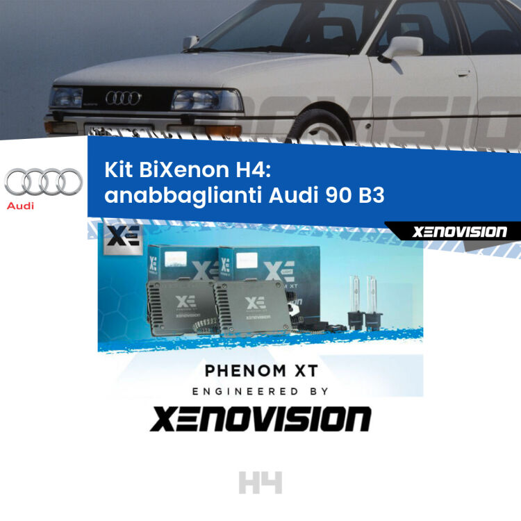 Kit Bixenon professionale H4 per Audi 90 B3 (1987 - 1991). Taglio di luce perfetto, zero spie e riverberi. Leggendaria elettronica Canbus Xenovision. Qualità Massima Garantita.